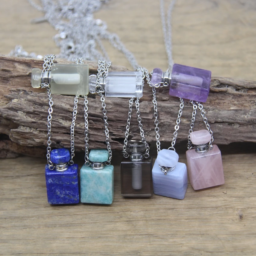 

Silvery Chains 15x28mm Rectangle Gems Perfume Bottle Pendants Crystal Lapis Amethysts Essential Oil Vial Charms Necklaces QC1025