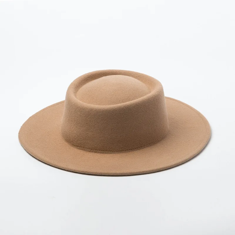 Осенне-зимняя новая шерстяная шляпа с плоским верхом, модные шерстяные шапки для женщин, мужская шляпа Федора, мягкая фетровая шляпа с широкими полями, фетровая шляпа - Цвет: Camel