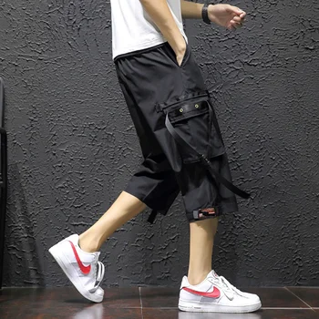 

Streetwear Cargo Pants Men Women Ribbons 2020 Summer Solid Hip Hop Joggers Trousers Casual Black Calf Length Harem Pants Men