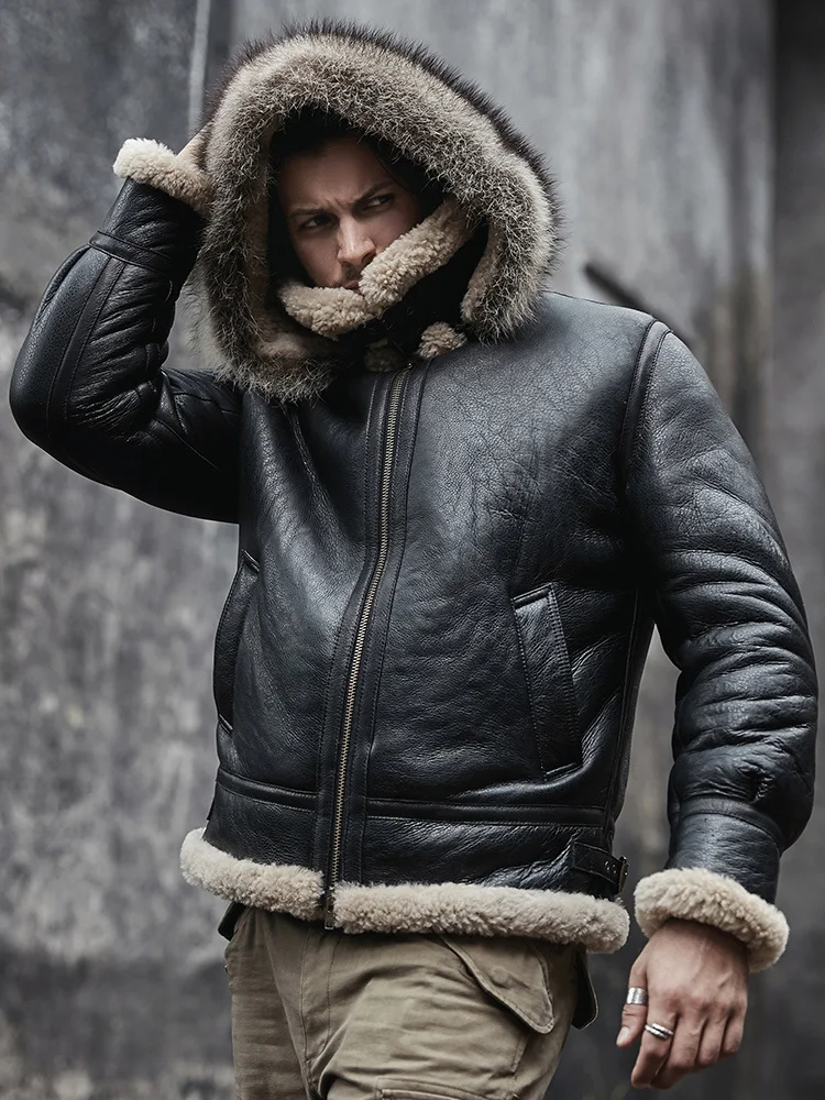 2020 New Mens Sheepskin Shearling Jacket Detachable Hooded B3 Flight Jacket Raccoon Fur Collar Aviator Coat