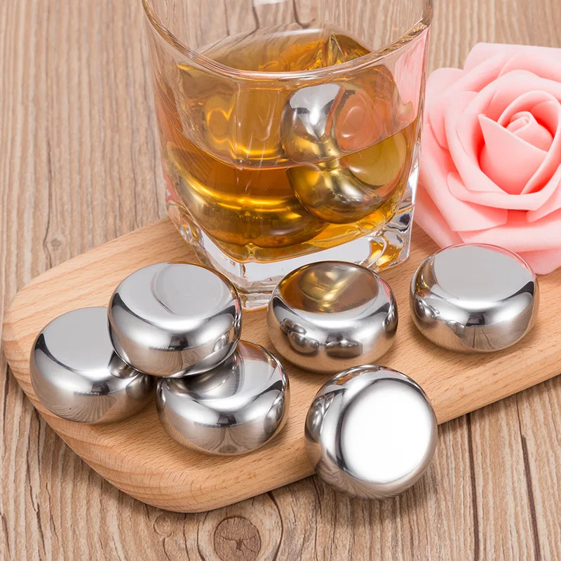 

6pcs/pack Whisky Wine Cooler Stainless Steel Ice Cubes Vodka Beer Cooling Reusable Chilling Stones Island with Clip Storage Box
