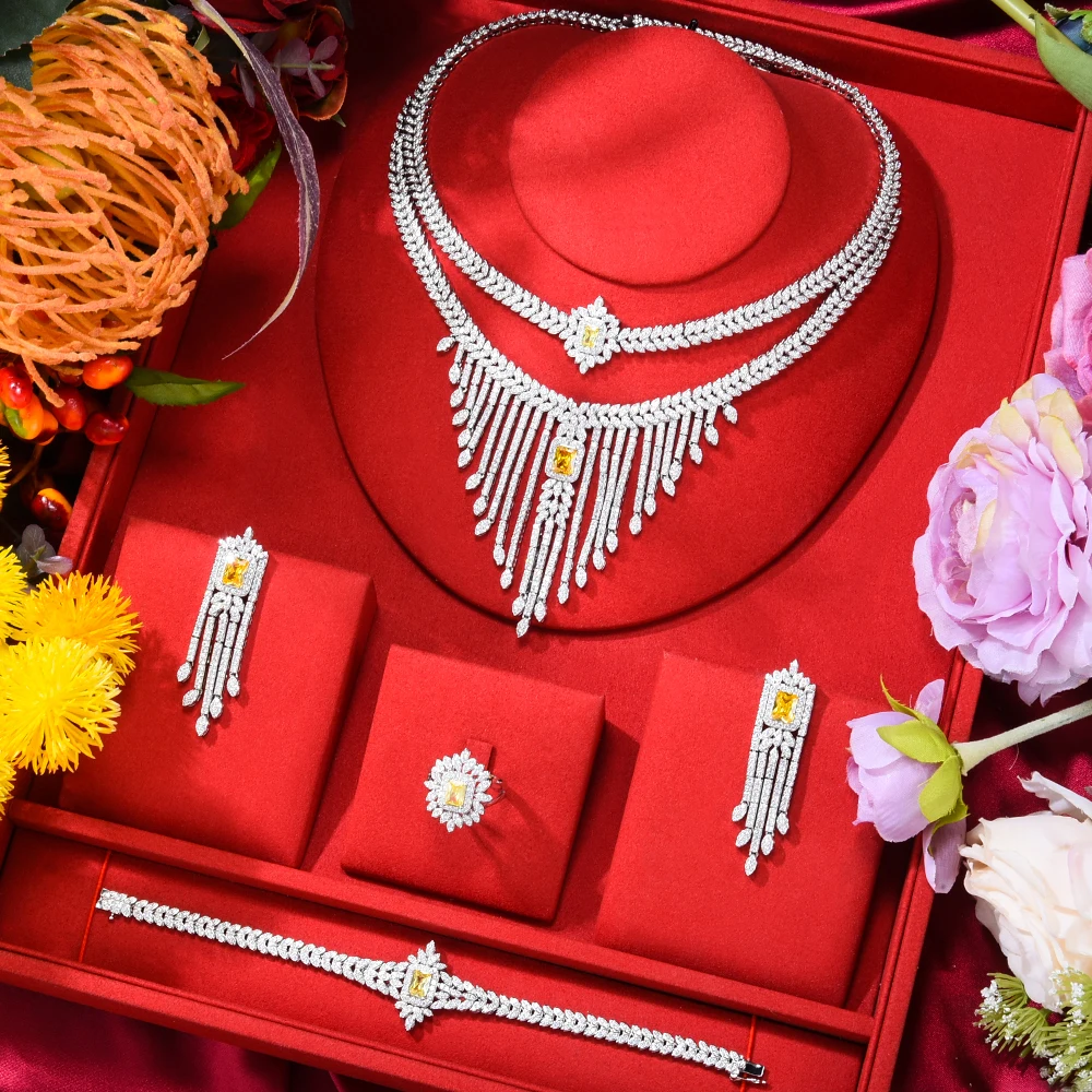 

Siscathy New Fashion Cubic Zircon Silver Color Tassel Pendant Necklace Wedding Jewelry Set For Women Luxury Earrings Bracelet