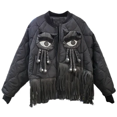 Makuluya глаза кисточкой алмаз Топы High Street свободные уличная одежда с длинным рукавом модные хлопковые пальто куртка Открытый стежок L6 - Цвет: BLACK
