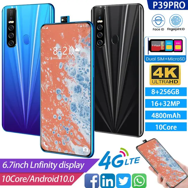 Глобальная версия 6,7 inch P39 Pro подъема Камера Android 10,0 Deca Core, размер экрана Snapdragon 855 телефон 8 + 256G тройной задний Камера 4800 мА-ч