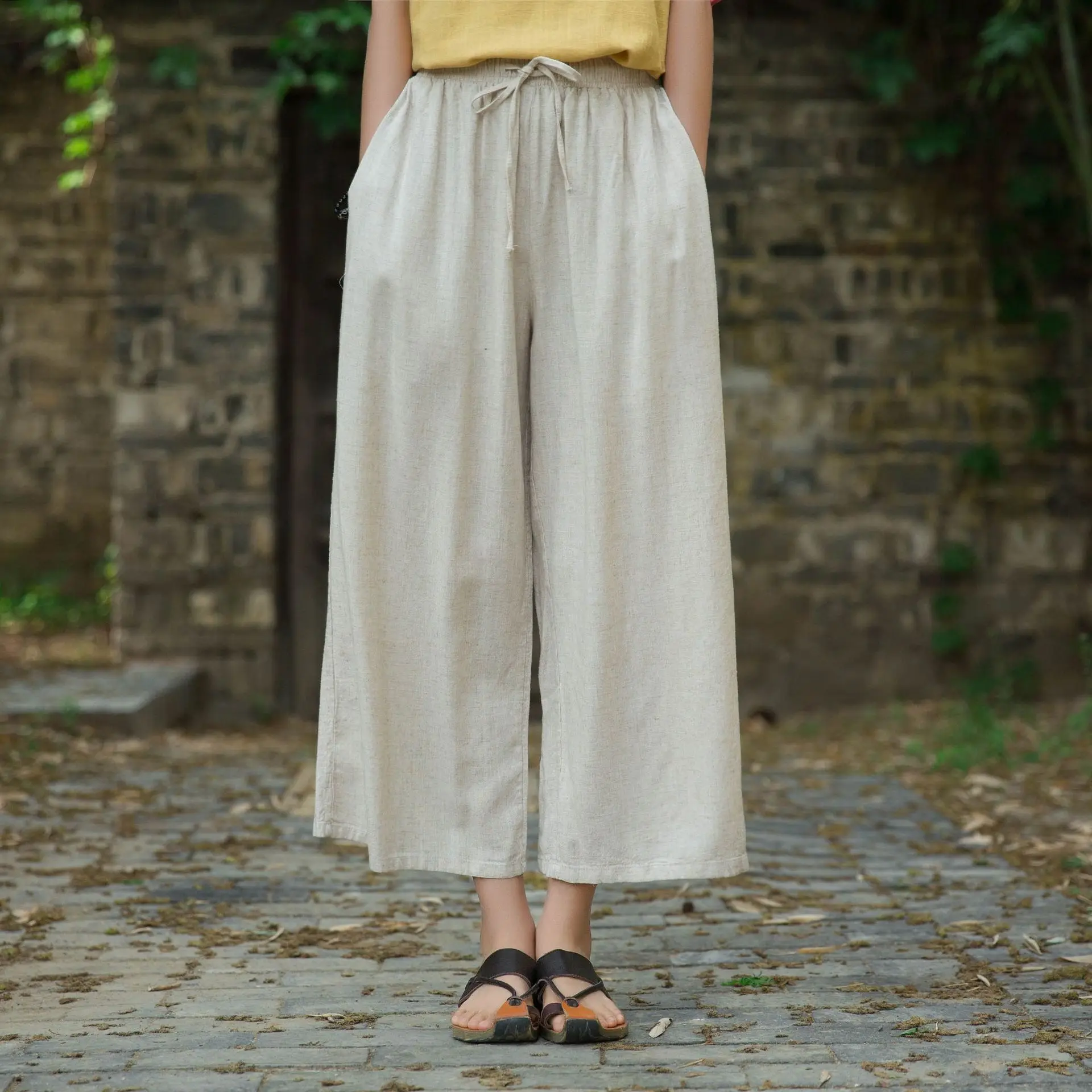 Johnature 2020 Autumn Women New Retro Elastic Waist Cotton Linen Lace Up Wide Leg Pants Loose Casual All-match Ankle-length Pant