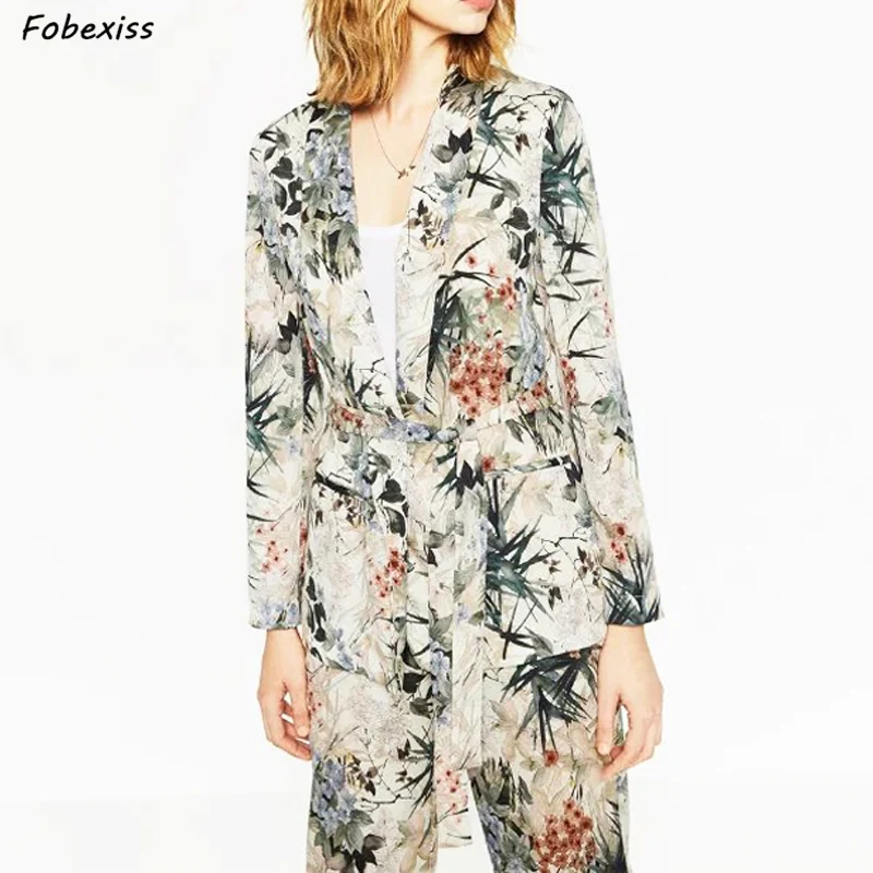

Autumn 2019 New Blazers Women Suits Work Office Vintage Flower Print Women Jacket With Belt Coat Female Long Sleeve Pantsuit