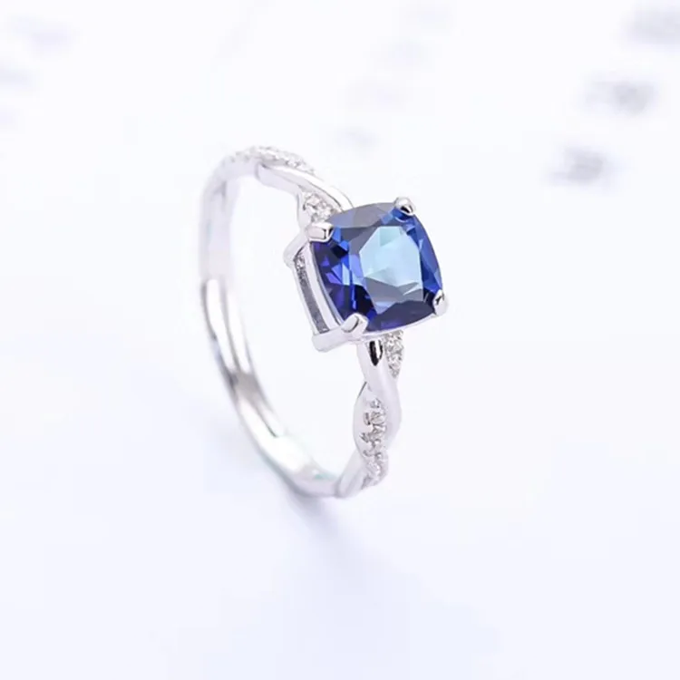 

New Style Multicolored Jewelry 925 Sterling Inlaid 7x7mm Natural Switzerland Blue Topaz Ring Adjustable Adjustable