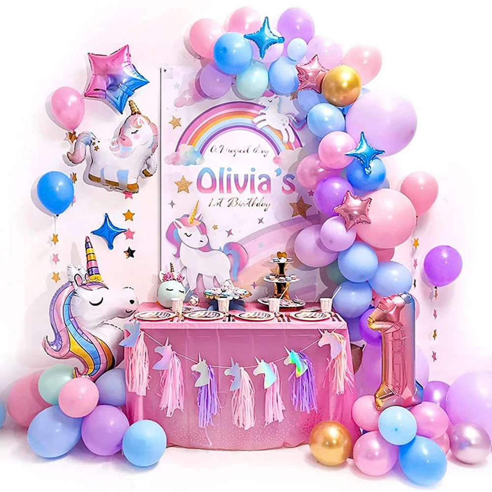 Décorations d'anniversaire de licorne pour les filles, grands ballons de licorne  ballons rose violets confettis en latex ballons joyeux anniversaire  bannière fleurs en papier pour un