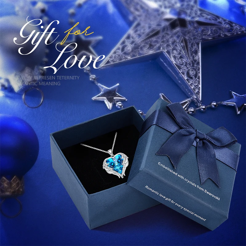 Blue plus box CDE Модные ангельские крылья кулон в форме сердца ожерелье с Кристаллы аметиста для женщин ювелирные украшения подарки на день Святого Валентина - Цвет камня: Blue plus box