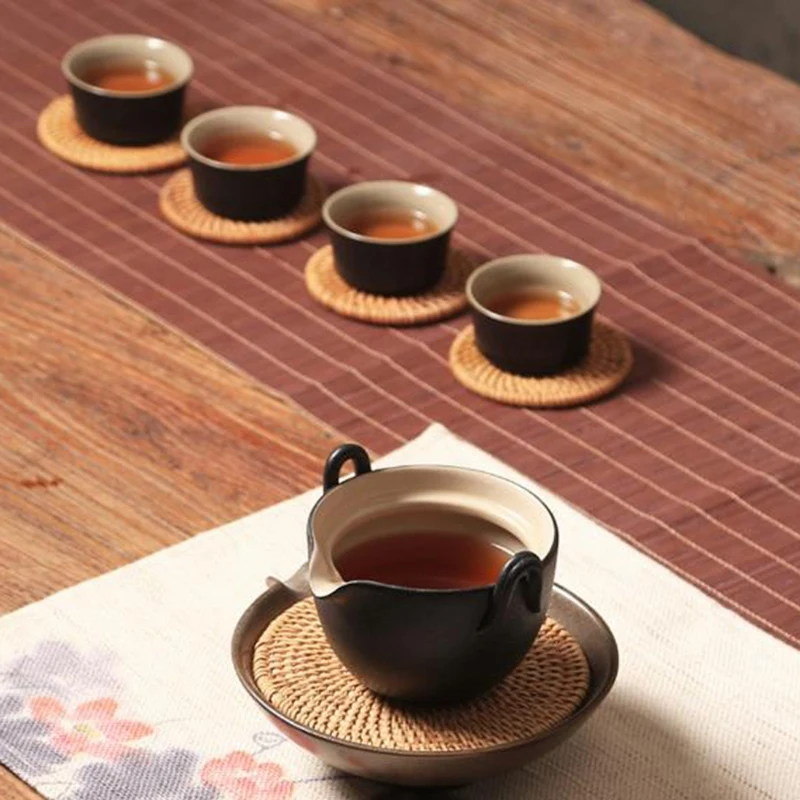  6Pcs/Lot Creative Drink Coasters Set for Tea Accessories Round Tableware Placemat Dish Mat Rattan W