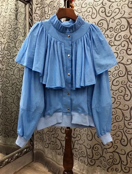 

2020 Early Autumn New Women's Small Stand Collar Outdoor Ruffles Stitching Decorations Bat Long-Sleeved Shirt 711