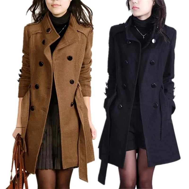 Новинка, осенне-зимний женский Повседневный Тренч из смешанной шерсти, длинное двубортное пальто с поясом