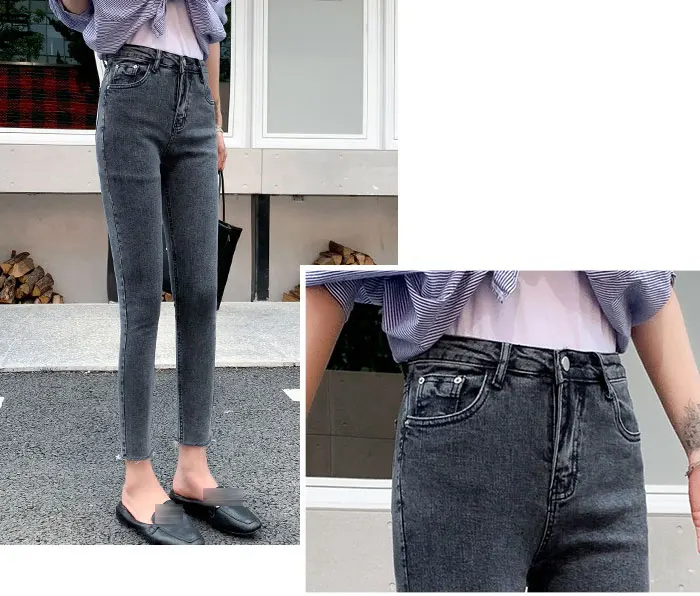 Осенние новые эластичные серые женские узкие джинсы узкие брюки с высокой талией