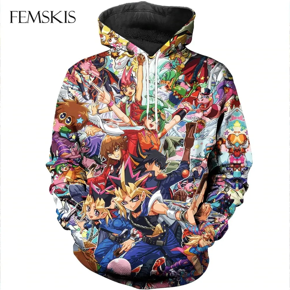 FEMSKIS New Fashion Mens Womens Game Yu Gi Oh 3D Print Sweatshirt Hoodies Hip Hop Hooded Funny Clothing With Hat | Мужская одежда