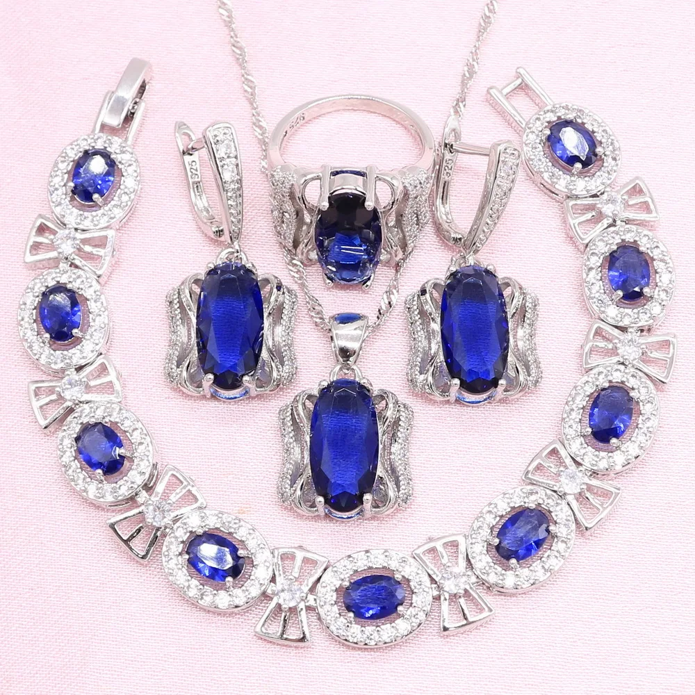 New Arrivals Silver Color Wedding Jewelry Sets For Women Royal Blue Cubic Zirconia Bracelet Ring Earrings Pendant Christmas Gift | Украшения