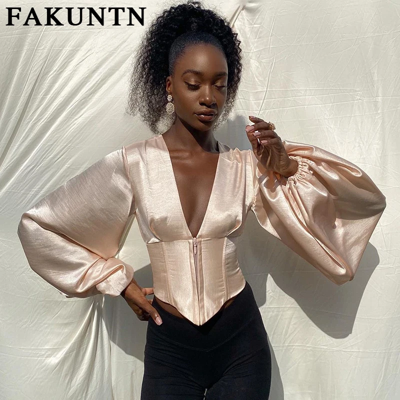 

FAKUNTN Women T-Shirt Top 2021 Autumn Winter Fashion Elegant Sexy V Neck Long Sleeve Female Top Vintage Shirts Women Clothing