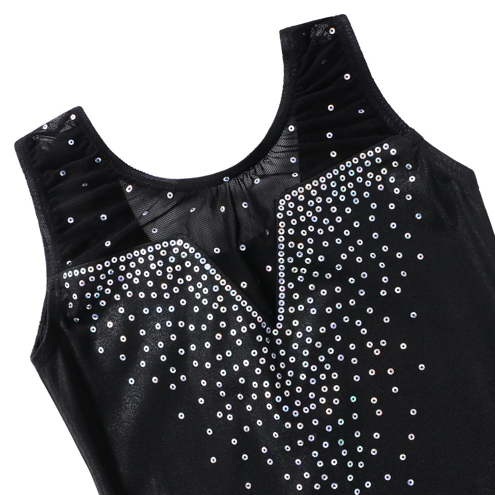 BAOHULU 3-12 Years Girls Gymnastics Leotard Black Sequin Ballet Leotards for Kids Sleeveless Ballet Dance-Wear for Performance