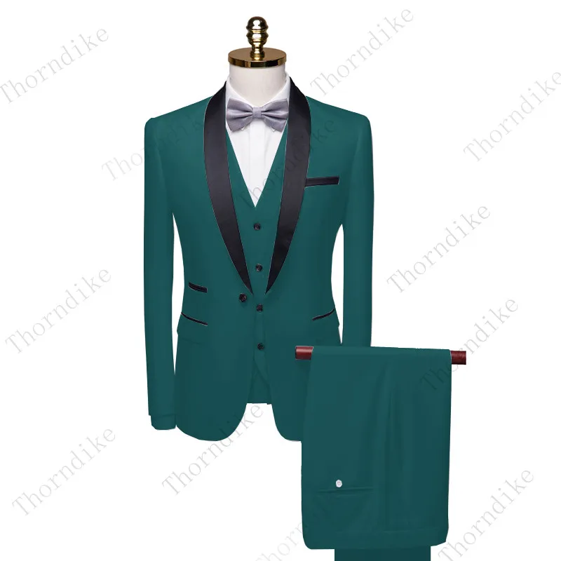 Mens Suit Thorndike Men Suit Black Collar Male Wedding Groom Slim Fit Standerd Size Blazer Set Tuxedo(Jacket+Pant+Vest)