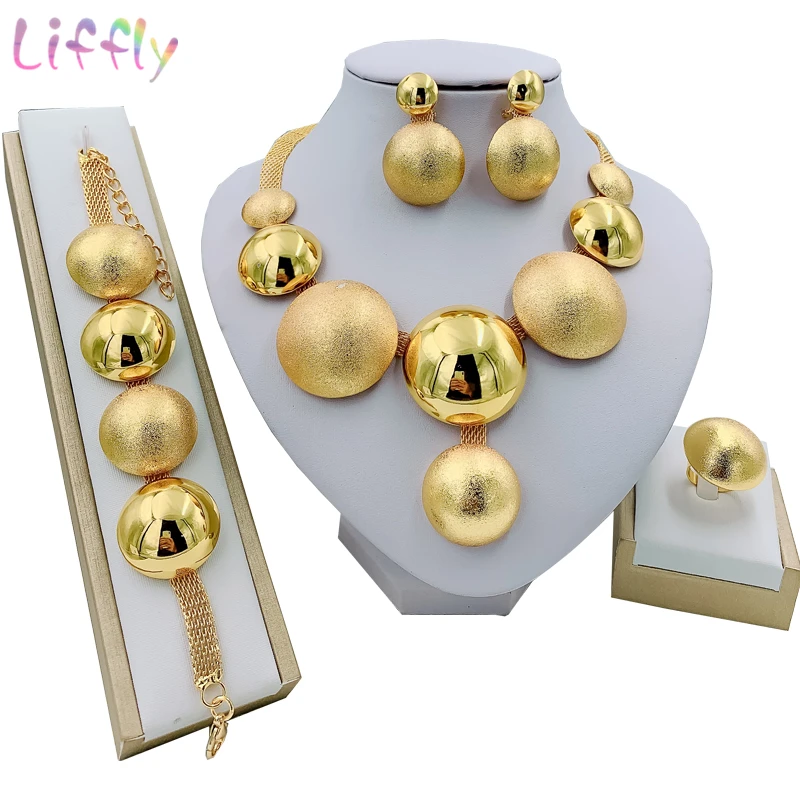 Liffly африканские Ювелирные наборы круглое ожерелье браслет золотой комплект ювелирных изделий в дубайском стиле для женщин Свадебная вечеринка серьги кольцо ювелирные изделия