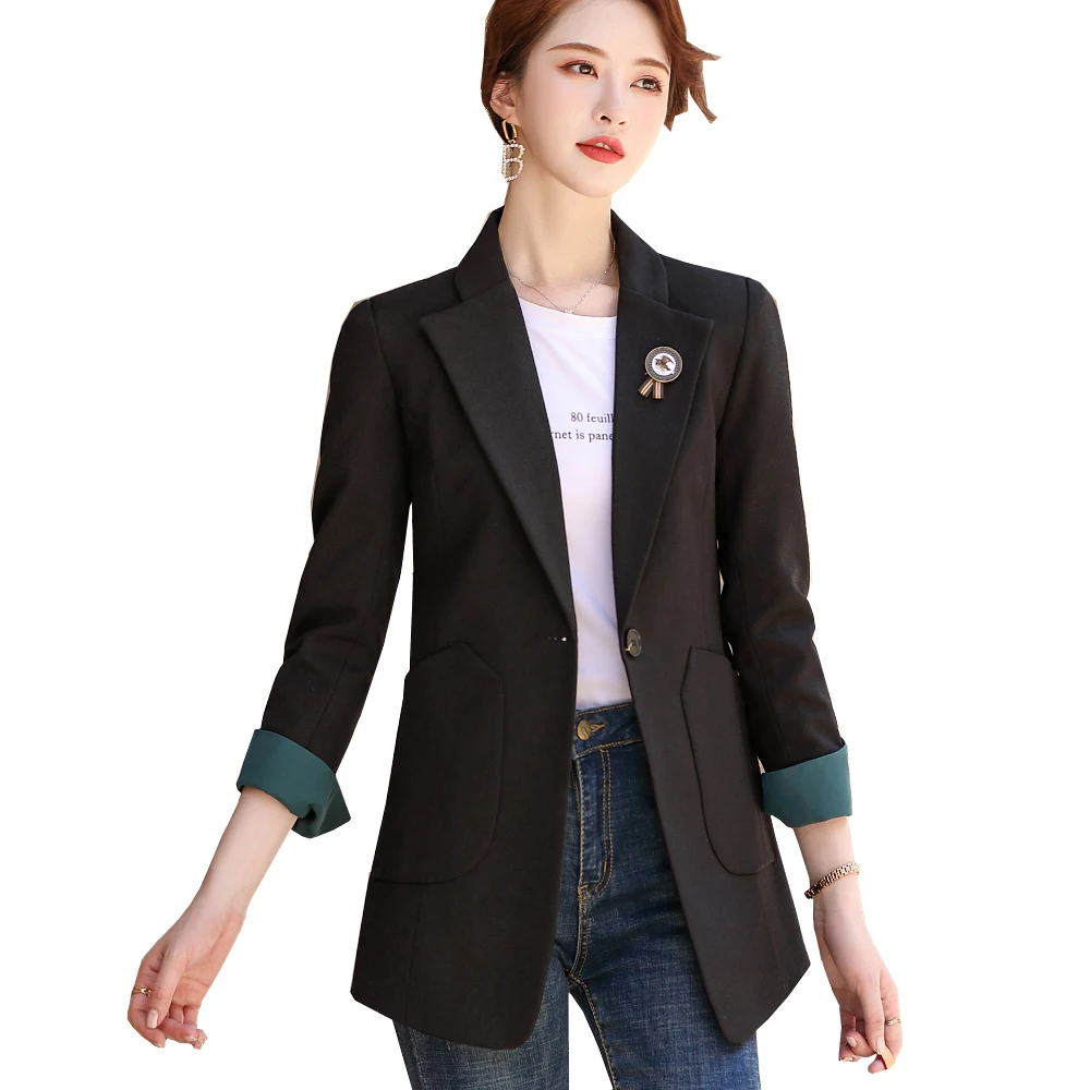 

Fashion 2021 Latest Design Ladies Blazer Jacket Women Female Casual Single Button Black Apricot Solid Coat With Pockets