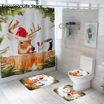 

Christmas Printing Shower Curtain Floor Mat Four Piece Bathroom Mat Set Bathroom Curtain Set with Carpet