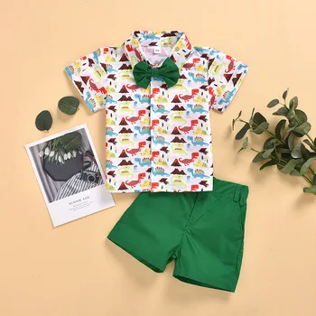 

2020 Summer Children Sets Fashion Short Sleeve Print Dinosaur Bow T-shirt Green Solid Shorts Casual 2Pcs Girls Clothes Sets 1-7T
