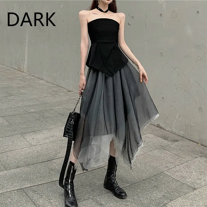 

Dark Suit Women's Summer Off-the-shoulder Wrapped Chest Coat Punk High Waist Gradient Multilayer Mesh Tutu Skirt Two-piece