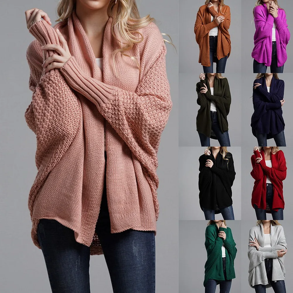 Women Autumn Cardigan Sweater Batwing Sleeve Knitwear Jacket Solid Color Plus Size Cardigan Female Femme Jumper Coat New