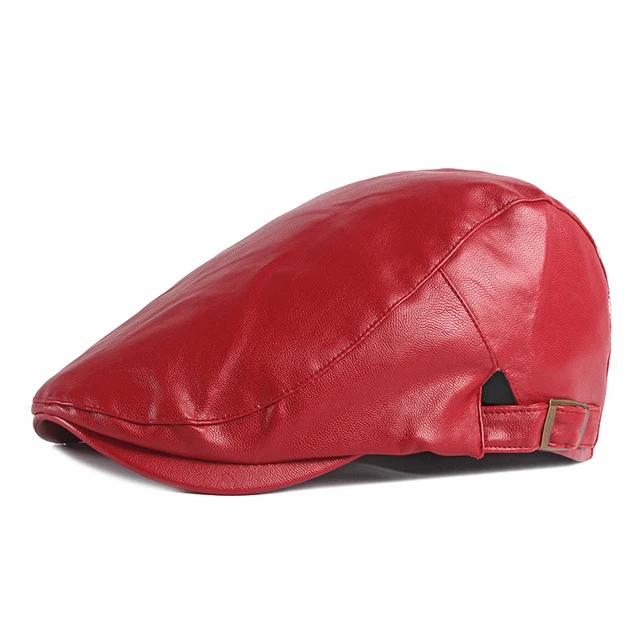PU Leather Beret Hat For Men Imitation leather Herringbone Berets  Flat Peaked Forward Cap Women Solid Black Red Newsboy Hats Red