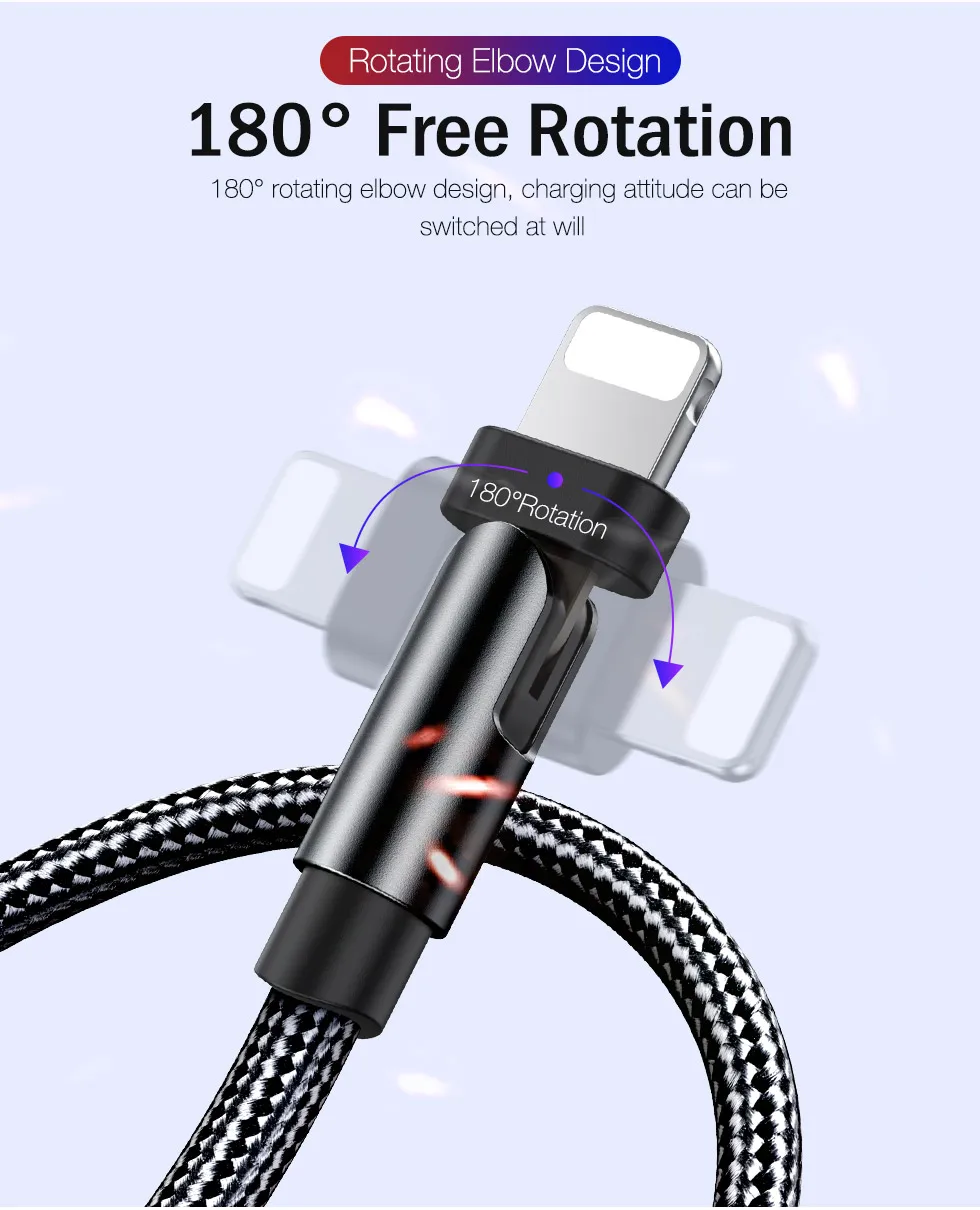 180° Rotating USB Cable For iPhone 12 11 Pro Max X XR 6 SE 6S 7 8 Plus iPad Long 1m 2m Fast Charger Data Cord Mobile Phone Wire android data cable