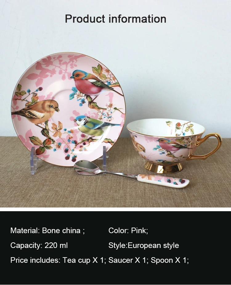 Description Picture 2 of itemWourmth European Bone China Coffee Cup Set Pink Bird Creative Ceramic Phnom Penh Afternoon Tea Cup & Saucer With Spoon Nice Gift