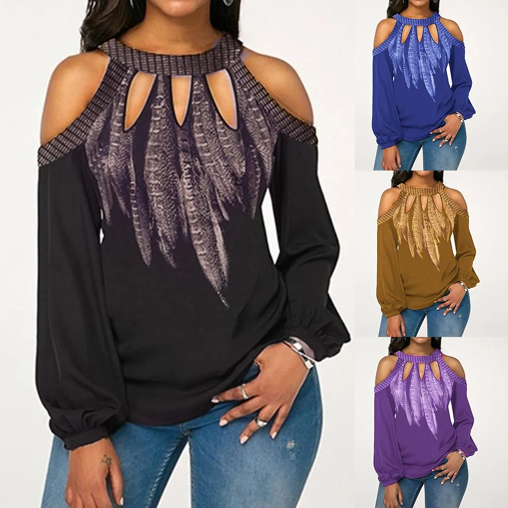 Fashion Paste Feather Craft Plus Size Print Cold Shoulder Chiffon Shirt Round Neck Chiffon Women's Long Sleeve Blouse S-5XL photo