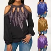 Buy Fashion Paste Feather Craft Plus Size Print Cold Shoulder Chiffon Shirt Round Neck Chiffon Women's Long Sleeve Blouse S-5XL 4000237594522