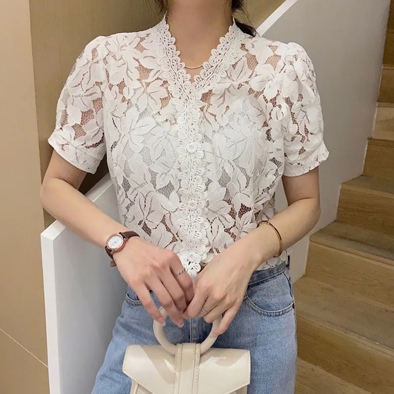 

Korean Summer Women Clothing Sweet Perspective Lace Hollow Out Puff Sleeve Top Women V-neck Short-sleeved Shirt