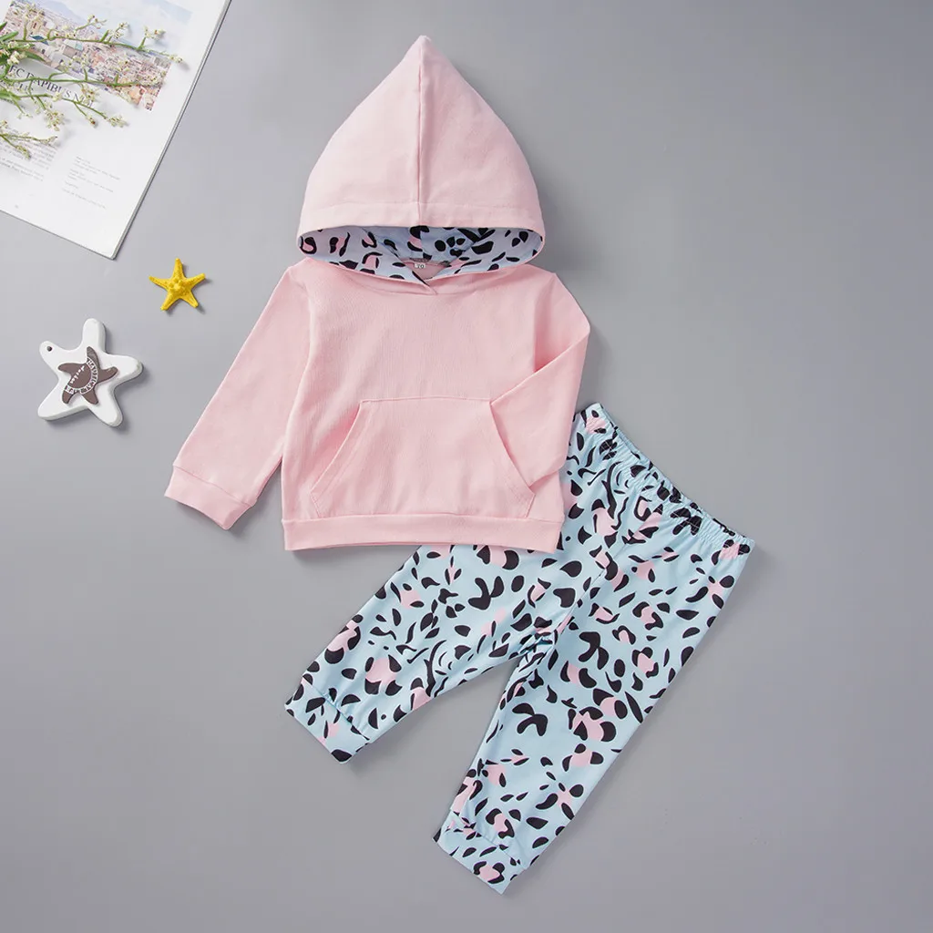 Однотонные топы с капюшоном для новорожденных девочек, леопардовые штаны, комплект одежды для малышей, костюм для малышей, костюм для новорожденных