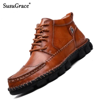 

SusuGrace Style Leather Men boots Vintage ankle boots Split leather ankle sneakers Shock Absorbtion Shoes anti-skid rubber sole