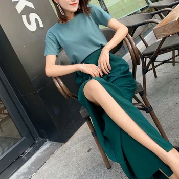 

Runway Designer Ice Silk Stretch Temperament Top Green Belt Split Fork Split Wide Leg Pants Two-Piece Women'S High Quality