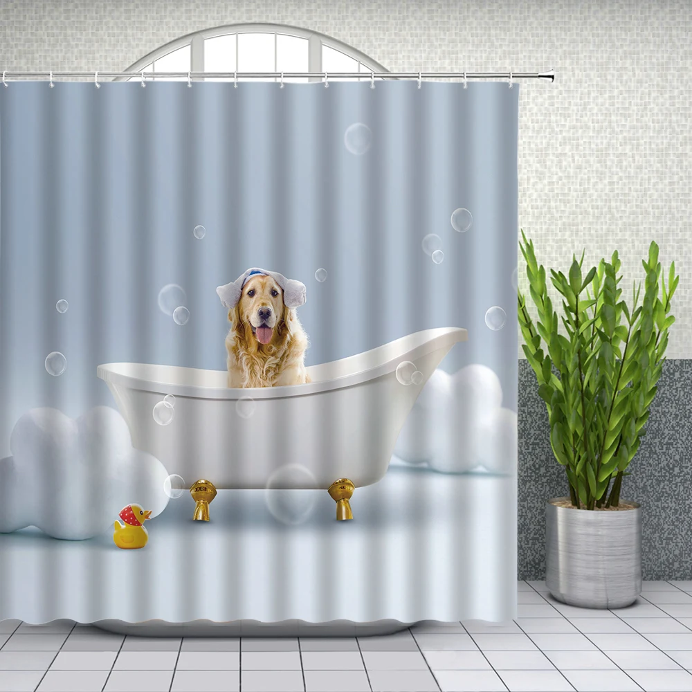 

Hot Animal Themed Shower Curtains Set Cute Dog and Cat Bathing Bathroom Decor Waterproof Polyester Bathtub Curtain With Hooks