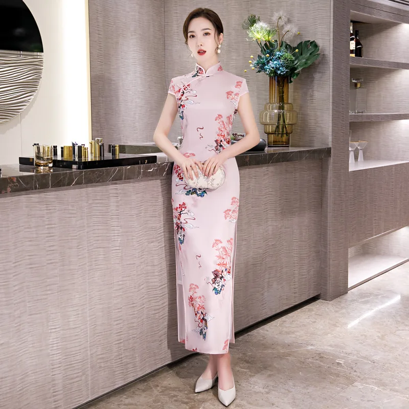 Spring 2020 Silk Imitation Show Cheongsam Long Style Double Layer Improved Qipao Daily Temperament Fashion Evening Dress | Тематическая