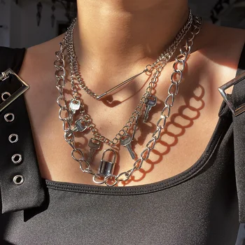 

Europe and America Ornament Creative Brooch Lock Element Necklace Exaggeration Multiple Key Chunky Chain Necklace