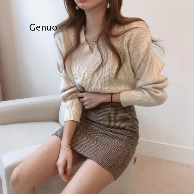 

New Winter Sweater Women Pullover Girls Tops Vintage stripe Autumn Elegant Female Knitted Outerwear Warm Sweater Oversize