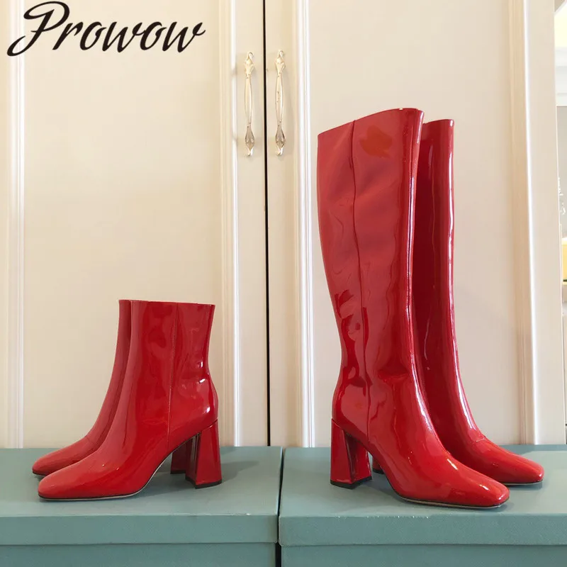 Prowow/брендовые Дизайнерские Сапоги до колена из натуральной кожи; цвет черный, бежевый; мотоботы на высоком каблуке с квадратным носком и молнией сбоку; женская обувь