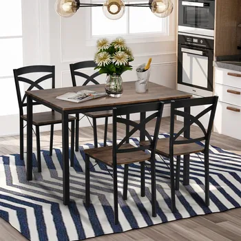 

5-Piece Industrial Wooden Dining Set with Metal Frame and 4 Ergonomic Chairs, Brown