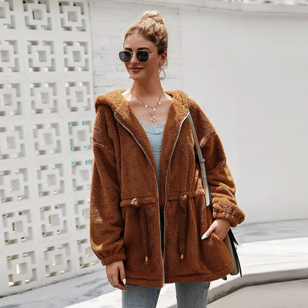 

Sherpa Fleece Hooded Sweater Teddy Fluffy Zipper Sweaters Slim Drawstring Cardigan Oversized Thick Coat Female Winter Streetwear