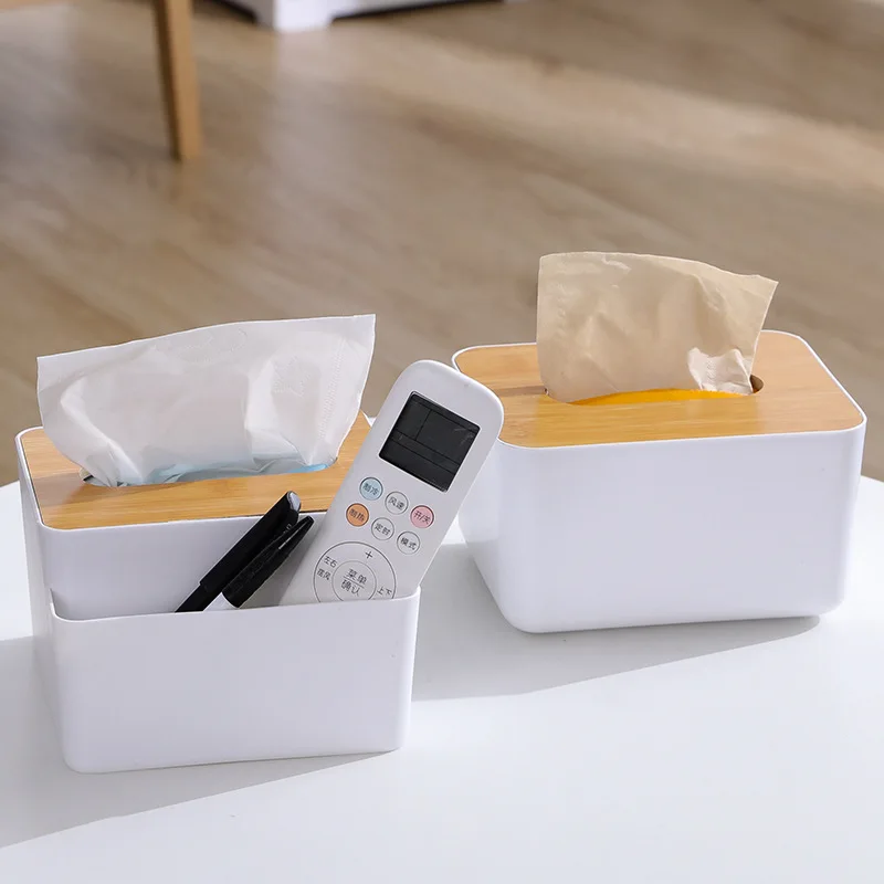 

Multifunctional Bamboo Wood Cover Tissue Box Desktop Drawer Box Household Living Room Simple Plastic Remote Control Storage Box