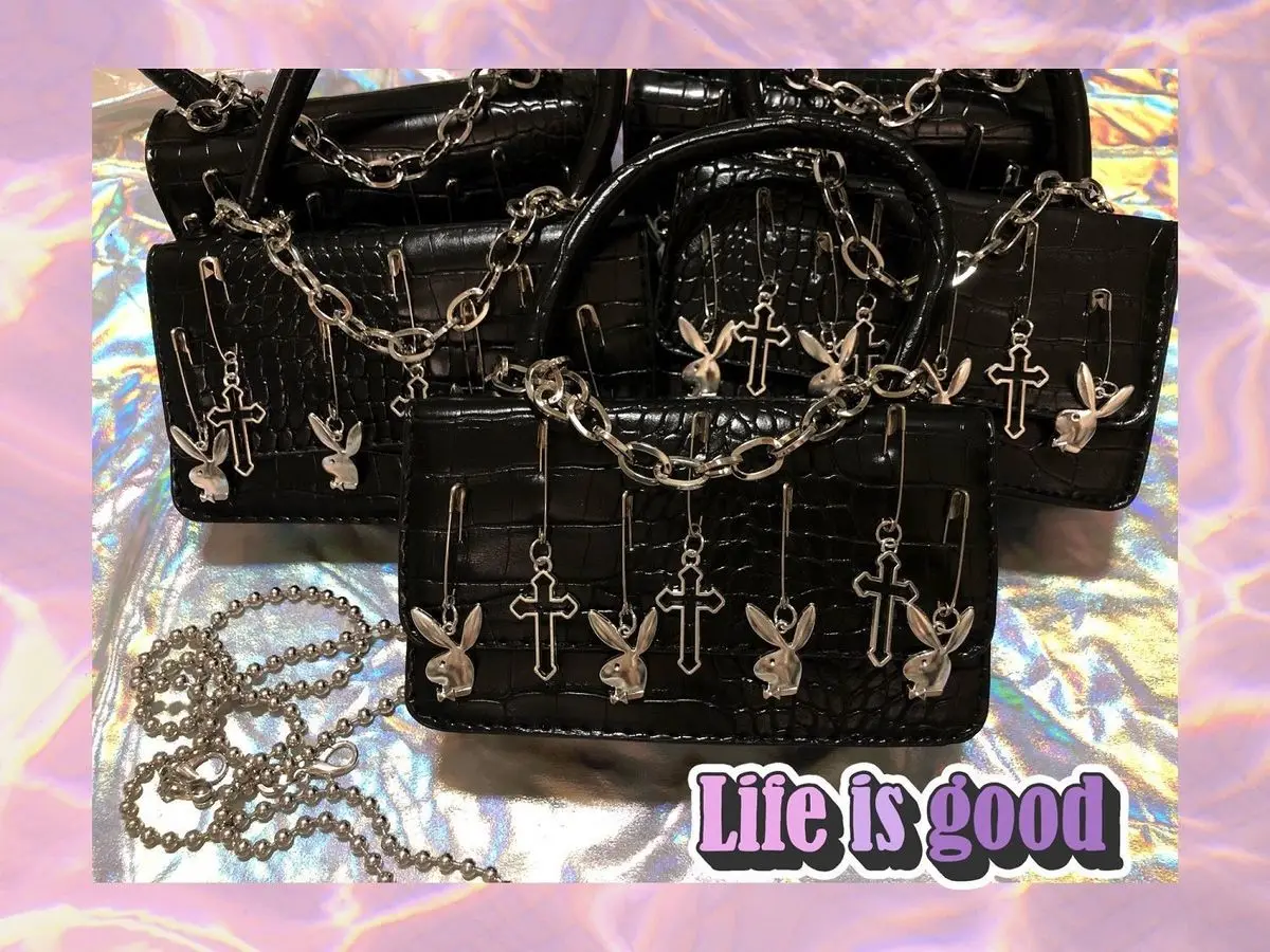 Harajuku Gothic Shoulder Bag Woman Metal Punk Moto Biker Style Female Handbags Cross Paper Clip Rabbit Dark Messenger Bag Purses