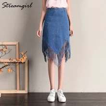 Женская джинсовая юбка с кисточками, асимметричные юбки, женская джинсовая юбка с высокой талией, черные женские джинсовые юбки миди, летние юбки