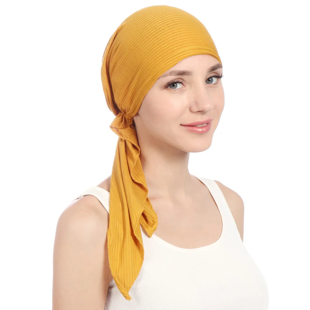 

Muslim Women Solid Wrinkle Turban Hat Cancer Chemo Caps Pre-Tied Headscarf Headwear Headwrap Plated Hair Loss Cover