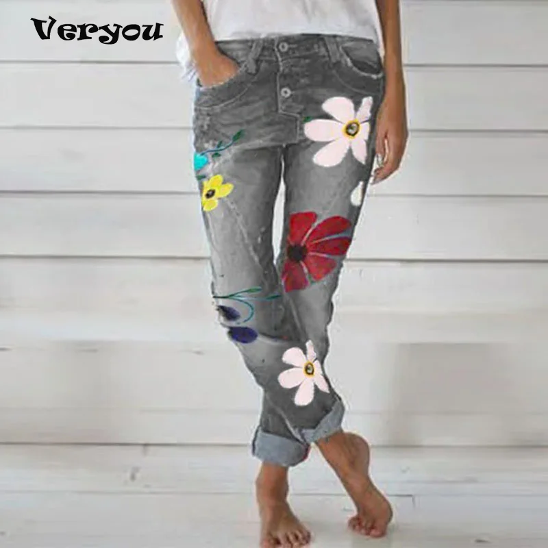 

Ladies Jeans Woman Plus Size Fashion Print Pattern Mid Waist Bleached Button Fly Street Style Pencil Pants Plus Size Jeans