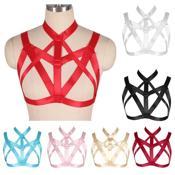 

Women Harness Bra V Collar Tops Body Bondage Chest Caged Bra Punk Gothic Hollow Out Sexy Lingerie Strap Belt Festival Rave